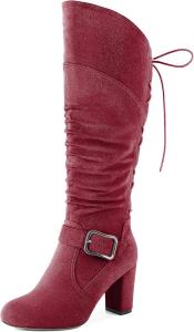 Женские сандалии Zamikoo, свободные ботильоны до колена с круглым носком, массивным каблуком, боковой молнией и металлической пряжкой, высокие повседневные сапоги на каблуке 3,5 дюйма, Suede Burgundy
