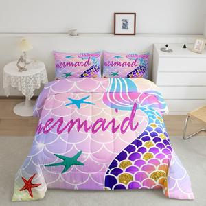 Erosebridal Комплект постельного белья Mermaid Tail с морским принтом в стиле океан, Pink Teal Blue