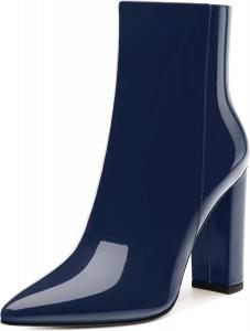 Женские ботильоны MODENCOCO с заостренным носком, высоким массивным каблуком, боковой молнией, средним голенищем, лакированные короткие ботинки на каблуке, осенние повседневные нарядные туфли с каблуком 4 дюйма, Navy Blue