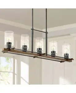 Подвесная люстра Ranger Dust Bronze из дерева, линейная, шириной 36 3/4 дюйма, из прозрачного стекла, в деревенском стиле, с 5 лампами для кухонного острова в столовой. Franklin Iron Works, brown