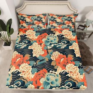 Erosebridal Японский комплект постельного белья с морскими волнами и цветочным принтом, мягкий материал, зелено-оранжевая расцветка, Blue Beige