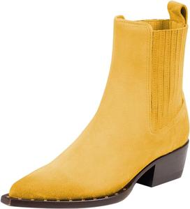 Женские ботильоны FSJ с заостренным носком, массивным невысоким каблуком, эластичные челси с золотыми заклепками, винтажная замшевая обувь, размеры 4-16 US, Yellow