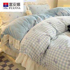 FUANNA Комплект постельного белья 4 предмета, простыня на резинке 1.5м, пододеяльник 200x230 см, высокоплотный молочный вельвет с кружевом, синий с бантом-бабочкой