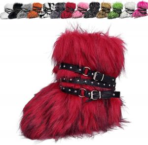 Женские сапоги из искусственного меха с круглым носком, теплые укороченные сапожки, пушистые зимние сапоги Y2K с ремнем и заклепками, платформенные сапоги Generic, Red