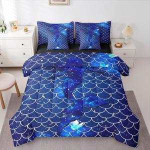 Erosebridal Комплект постельного белья Mermaid 7 Pcs с принтом рыбьей чешуи в морском стиле, Blue