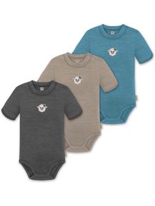 Normani Outdoor Sports Комплект из 3 унисекс детских комбинезонов с короткими рукавами и боди с короткими рукавами из мериносовой шерсти, с пуговицами, синего/бежевого/антрацитового цвета