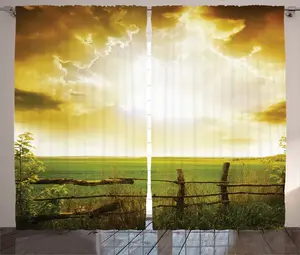 Штора ABAKUHAUS Country Rustic, Закат на весеннем поле, универсальная ленточная штора для гостиной с петлями и крючками, 280 x 245 см, цвет: зелено-желтый Abakuhaus