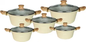 Набор посуды из 10 предметов со стеклянными крышками - подходит для индукционных плит, антипригарное мраморное покрытие, бежевый cheffinger