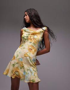 Платье-мини с воротником-хомутиком и широким подолом Topshop в цветочек лимонного цвета