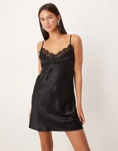 Мини-платье-комбинация из атласа и кружева ASOS DESIGN черного цвета