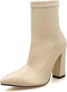 Женские ботильоны с острым носком и толстым каблуком для свадьбы, туфли с массивным высоким каблуком, ботильоны-лодочки на каблуке для женщин Generic, 4 Beige
