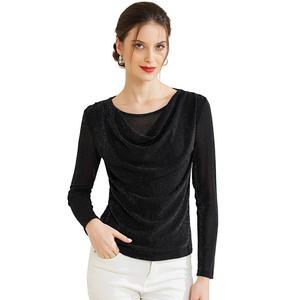 Женский блестящий клубный топ Praty с длинными рукавами и рюшами и воротником-хомутом ALLEGRA K, черный