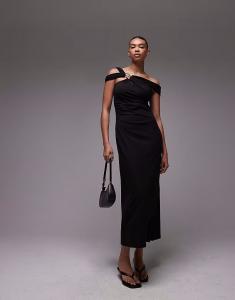 Платье миди из структурированного джерси с открытыми плечами и металлической застежкой черного цвета & Other Stories