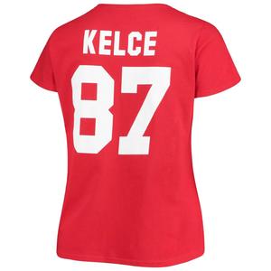 Женская красная футболка Fanatics с логотипом Travis Kelce Kansas City Chiefs размера плюс с v-образным вырезом с именем и номером Fanatics