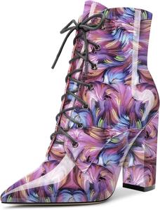 Женские ботильоны Aachcol, короткие ботинки с закрытым заостренным носком, на массивном высоком каблуке, лакированные, на шнуровке, каблук 4 дюйма, Multicolor H