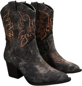 Женские ковбойские сапоги с вышивкой, сшитые сапоги для родео, широкие заостренные носки, западные ботильоны, короткие классические ботильоны Generic, Black