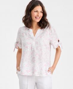 Женская блузка из 100% льна с манжетами и разрезом на воротнике, эксклюзивно для Macy's Charter Club, Floral Pink Dew
