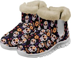Зимние сапоги JoyLamoria с мехом, теплые плюшевые ботинки на плоской подошве, водоотталкивающие, противоскользящие для холодной погоды, Floral Skull