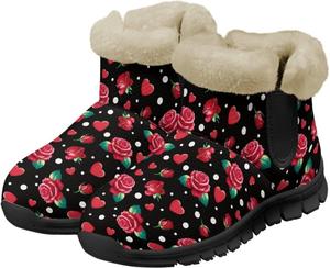 Зимние ботинки UNICEU для женщин с теплой искусственной меховой подкладкой, мягкие уютные пушистые ботильоны, рождественские снежные ботинки, Red Rose Love Hearts