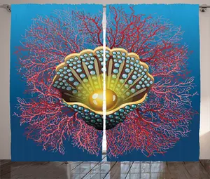 Штора ABAKUHAUS Pearls Rustic, с рисунком Коралловая вода, присборенная тесьма для спальни с петлями и крючками, 280 x 175 см, цвет: синий, желтый, красный Abakuhaus