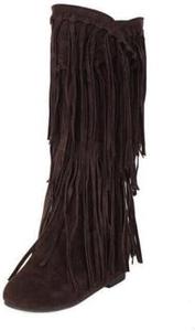 Женские замшевые сапоги на низком клиновидном каблуке до середины голени с бахромой, большие размеры WAOLSU, Brown