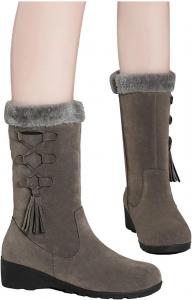 Женские зимние модные сапоги Bcshiye до середины голени на улицу из замши, свободного кроя, боевые и ездовые с меховой отделкой воротника, Grey