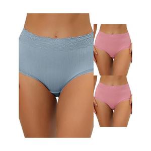 3 упаковки женского нижнего белья с высокой талией, удобные трусики в рубчик с кружевной отделкой, разноцветные ALLEGRA K, цвет Pink Light Blue
