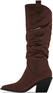 Женские классические ковбойские сапоги FSJ, до колена, на танкетке с массивным каблуком, заостренный носок, свободная посадка, сапоги до середины голени, ковбойские вестерн-сапоги, размеры 4-15 US, Brown