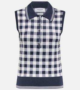 Жилет из шелкового свитера в клетку гингем Thom Browne, темно-синий