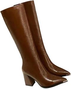 Женские высокие ботинки до колена с заостренным носком и боковой молнией, элегантные ботильоны на высоком каблуке для вечеринок и зимней носки Generic, Brown