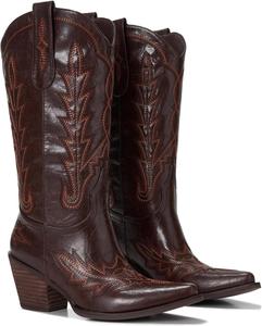 Ковбойские сапоги для женщин - западные сапоги средней длины до икра - заостренный носок - 3-дюймовый массивный деревянный каблук с вышивкой Orlynx, Chestnut Brown