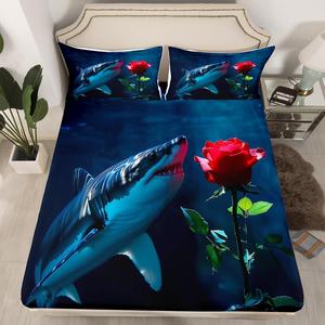 Erosebridal Комплект постельного белья Kids Shark с морской тематикой и принтом акул, красные розы и цветочный узор, глубокий карман, Navy Blue