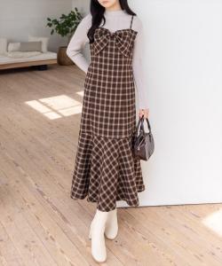 Платье-комбинация в клетку с лентами