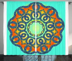 Штора ABAKUHAUS в восточном деревенском стиле с этническим рисунком мандалы и цветов, присборенная тесьма для спальни с петлями и крючками, 280 x 225 см, цвет: оранжево-синий Abakuhaus