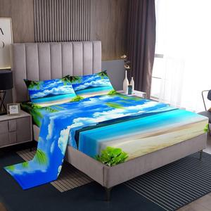 Erosebridal Комплект постельного белья Coastal Sheet Set с тропическим принтом из морских пальм и океана, глубокий карман, Blue Green