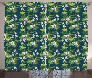 Штора ABAKUHAUS Орхидея в деревенском стиле, Остров джунглей с банановыми листьями, присборенная штора из тесьмы для спальни с петлями и крючками, 280 x 245 см, цвет Темно-синий папоротник Abakuhaus