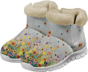 Женские зимние ботинки на снег с теплой подкладкой из меха, пушистые ботильоны, противоскользящие, удобные, короткие ботинки на липучке Qoiuvncy, Wildflowers