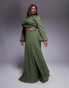 Длинная юбка Curve с заниженной талией и складками оливкового цвета Asos Curve