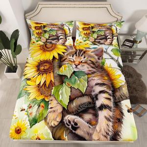 Erosebridal Комплект постельного белья Flower Cat с принтом подсолнухов и котят в деревенском стиле, Green Yellow