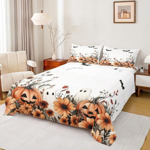Erosebridal Комплект постельного белья Happy Halloween с принтом тыкв, привидений, летучих мышей и растений, Orange White Green
