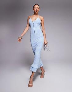 Платье макси ASOS DESIGN с двухслойной сеткой и кружевным принтом, с оборкой по низу, нежно-голубого цвета