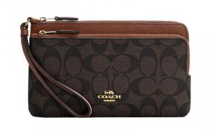Двойная молния кошелек Canvas с кожаным кошельком для монет на запястье кошелек женский Black & Brown COACH, Set (Bag+Dust Bag)