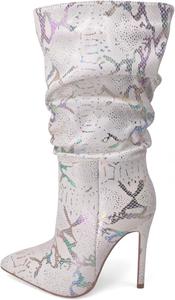 Женские ботинки iadore до колена из искусственной кожи под змеиный принт на высоком каблуке с заостренным носком для повседневной носки, White