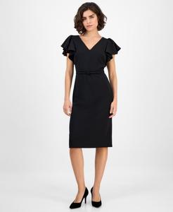 Женское платье-футляр с V-образным вырезом и рукавами-воланами Anne Klein, Anne Black