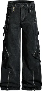 Мужские винтажные карго джинсы с кружевными деталями, широкие прямые, на молнии