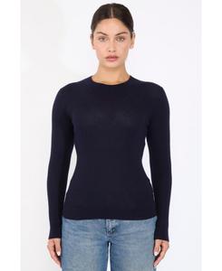 Женский свитер из кашемира и шелка в рубчик с круглым вырезом, плотной вязки JENNIE LIU, Navy