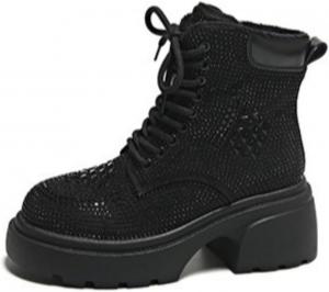 Женские боевые ботинки с камнями С высоким верхом, шнуровкой, боковой молнией, круглым носком, массивной платформой и каблуком, сверкающие для клуба и ночных выходов ZQW, Black