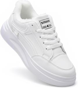 ODUODU Женские белые зимние кроссовки с искусственным мехом внутри и теплые антискользящие ботинки для прогулок на улице