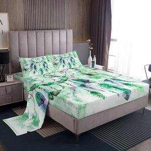 Erosebridal Комплект постельного белья Hippie Dreamcatcher в зелёном омбре с бабочками и племенными перьями, Green