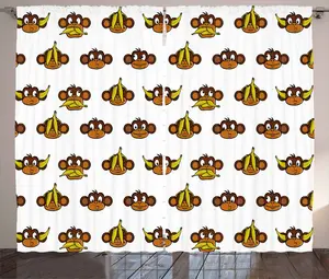 Штора для детского сада ABAKUHAUS в деревенском стиле, забавные обезьянки и бананы, для спальни, с присборенной лентой, петлями и крючками, 280 x 225 см, светло-коричневый, желто-коричневый Abakuhaus